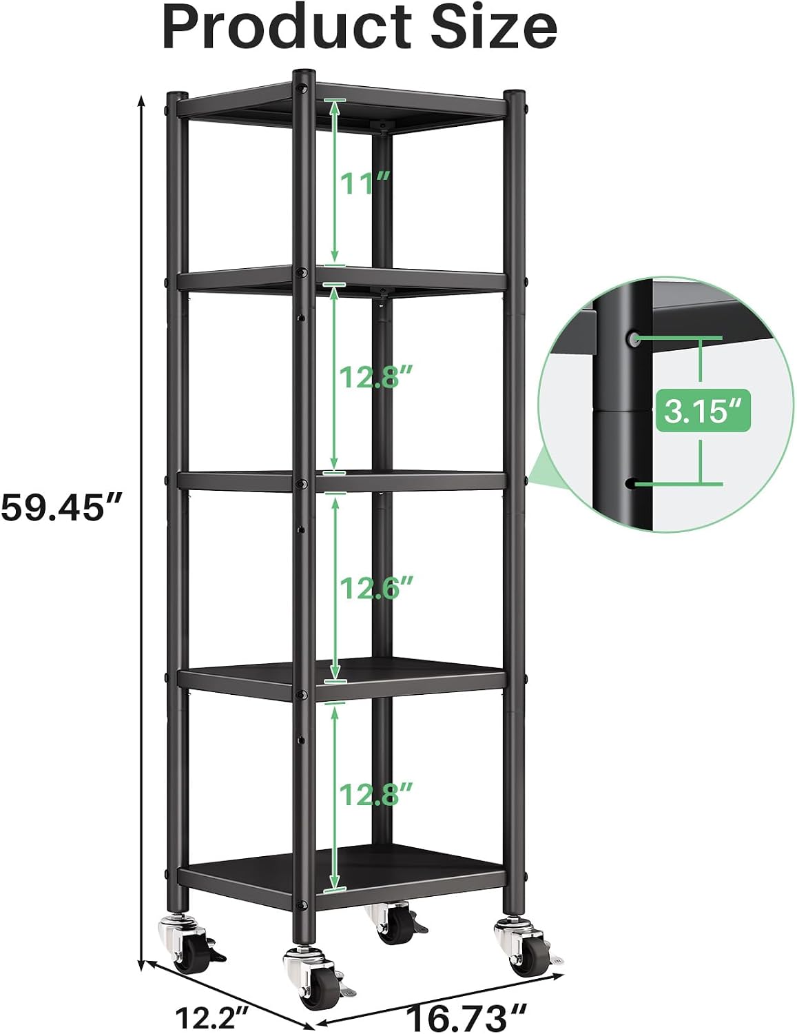 5‑Tier Rolling Metal Storage Shelving Unit