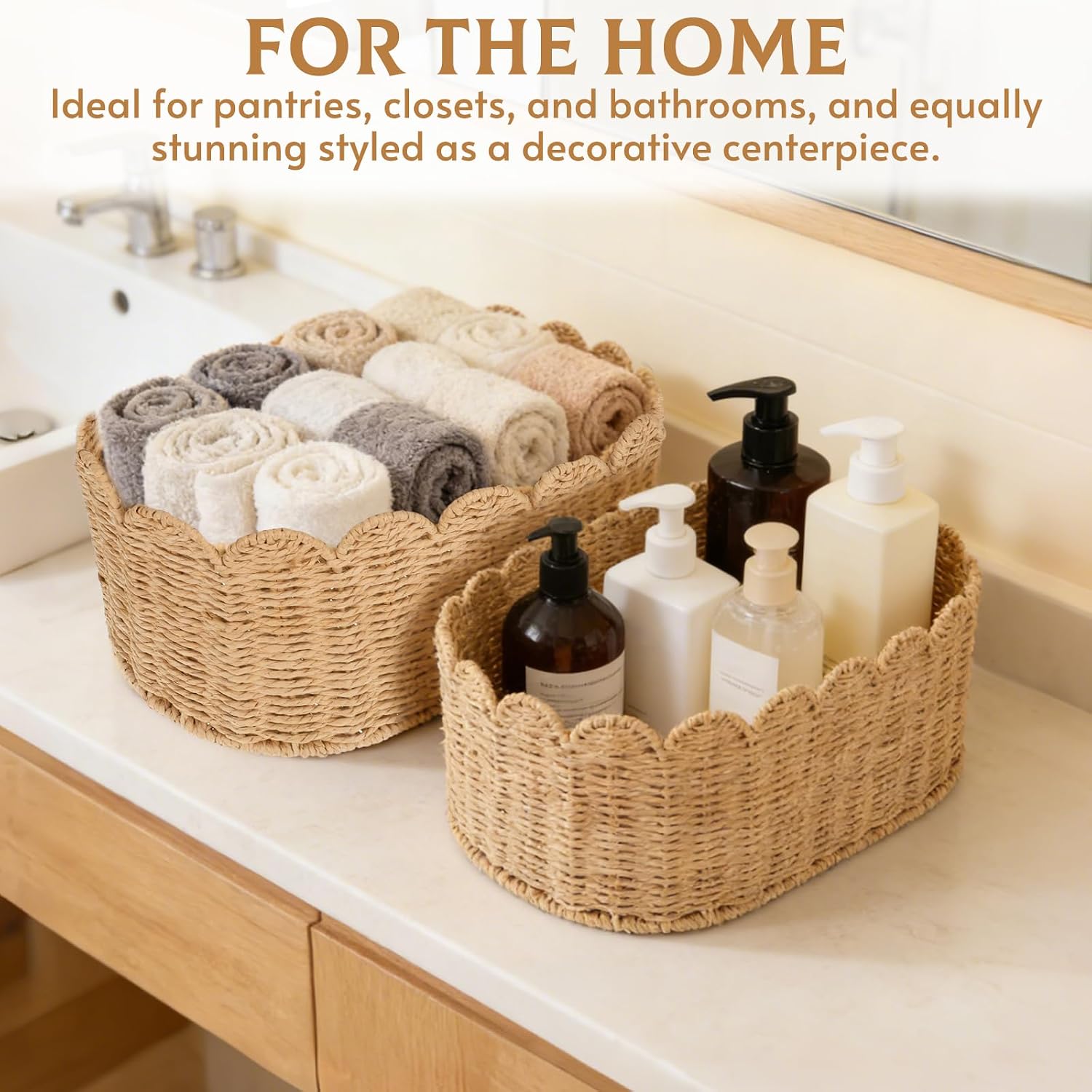 2‑Pack Scalloped Edge Rattan Storage Baskets