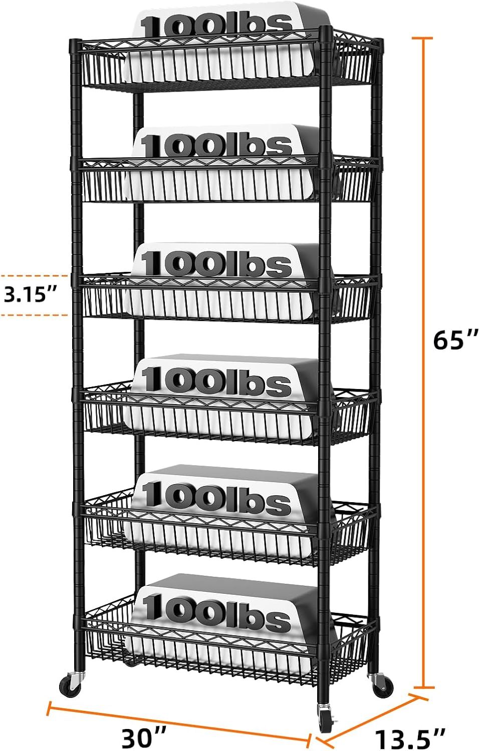 6‑Tier Rolling Adjustable Wire Storage Shelving Unit