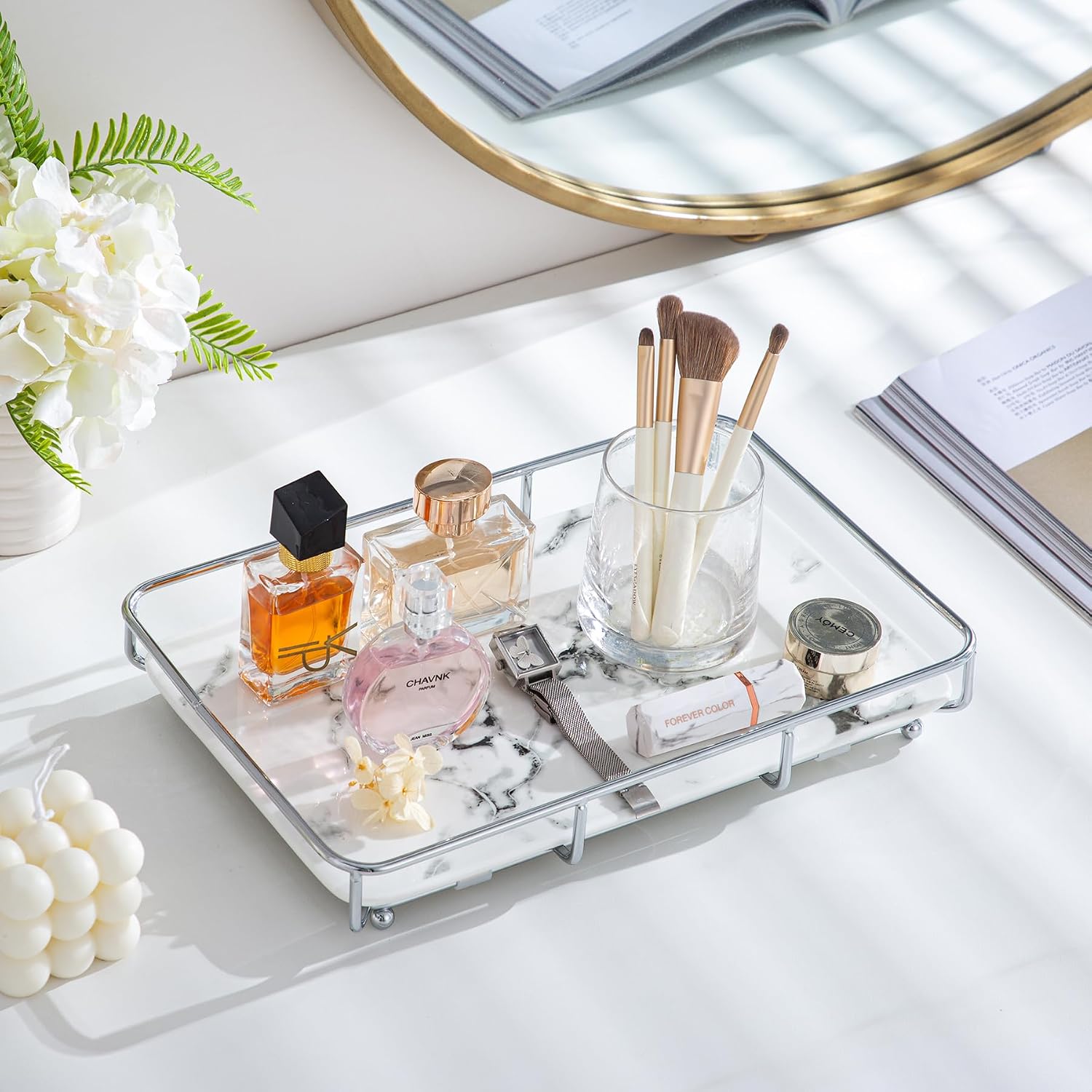 Marble‑Print Vanity Countertop Organizer