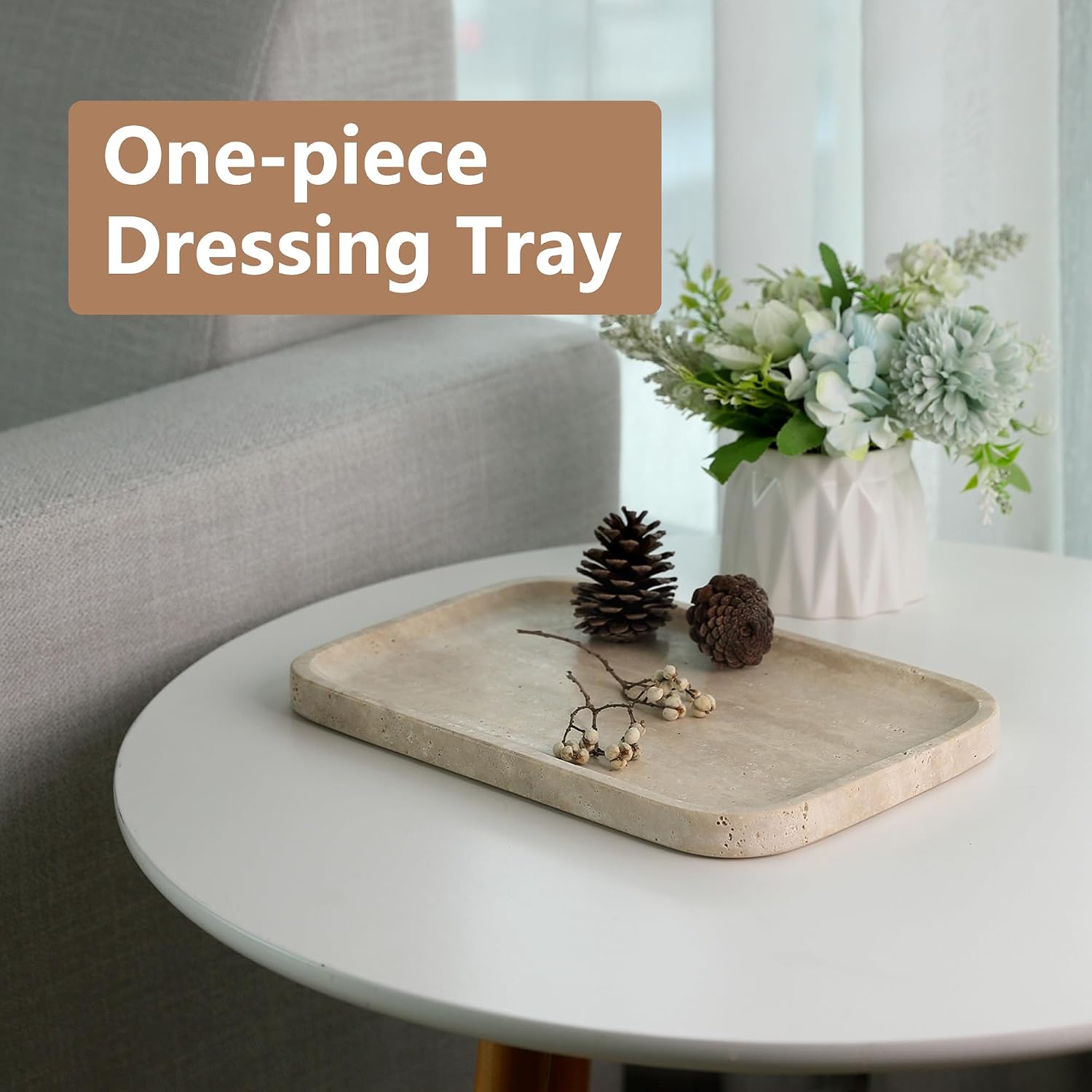 Beige Travertine Vanity Countertop Organizer Tray