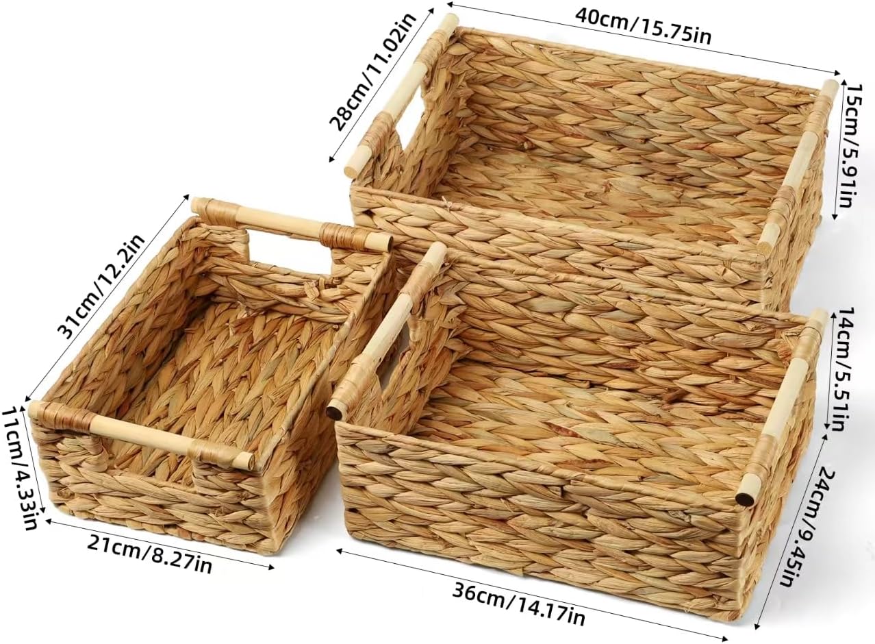 3‑Pack Water Hyacinth Wicker Baskets With Wooden Handles