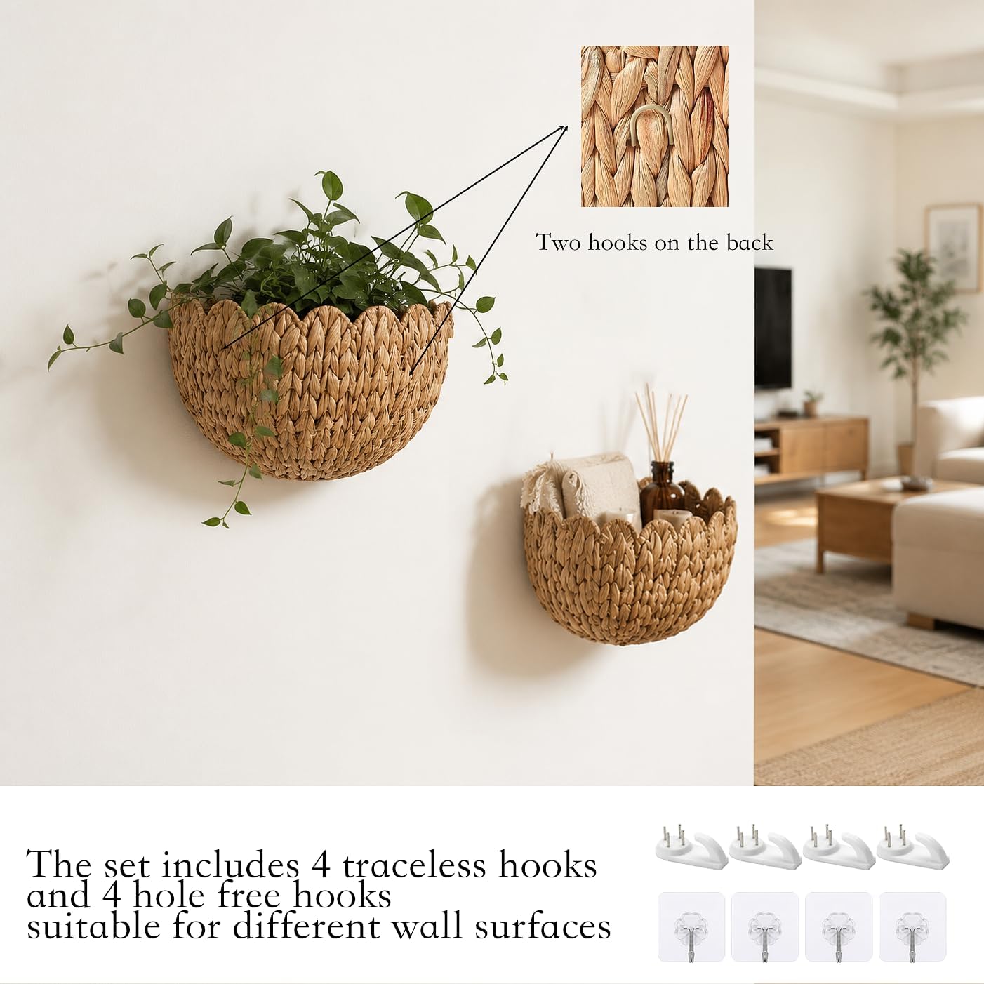 2‑Pack Natural Scalloped Wicker Wall Baskets