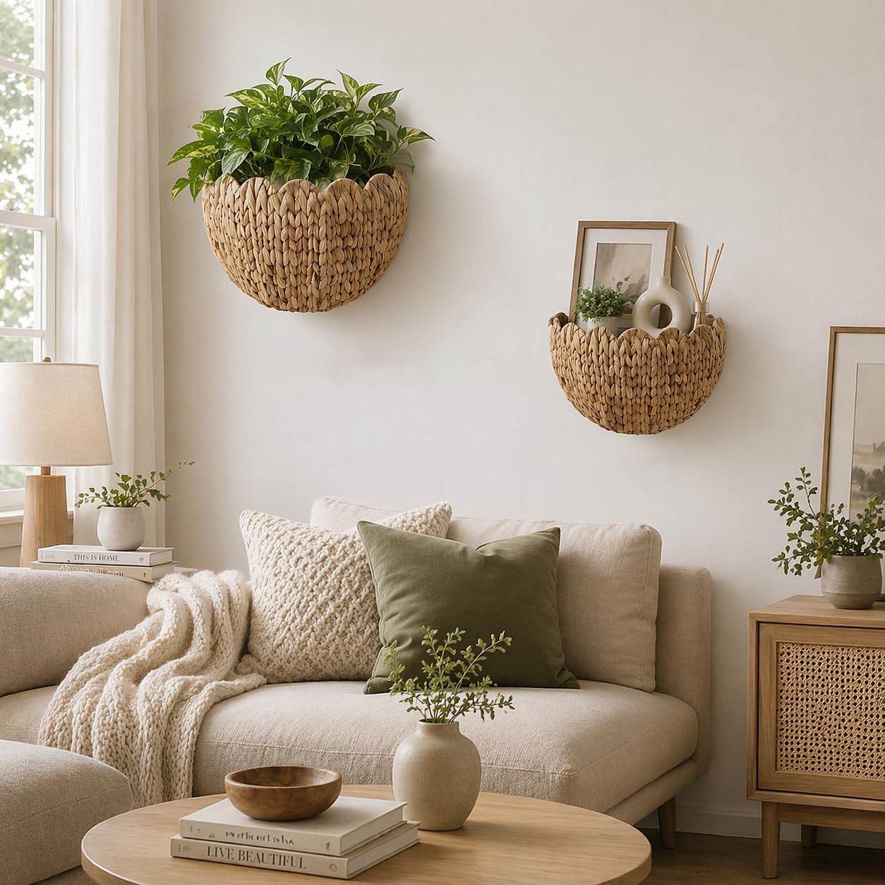 2‑Pack Natural Scalloped Wicker Wall Baskets