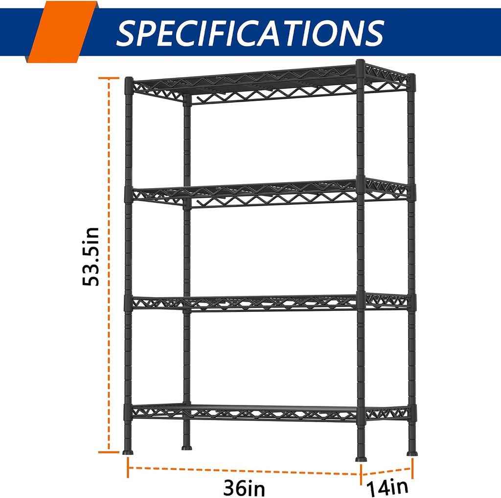 Black 4‑Tier Adjustable Metal Wire Storage Rack