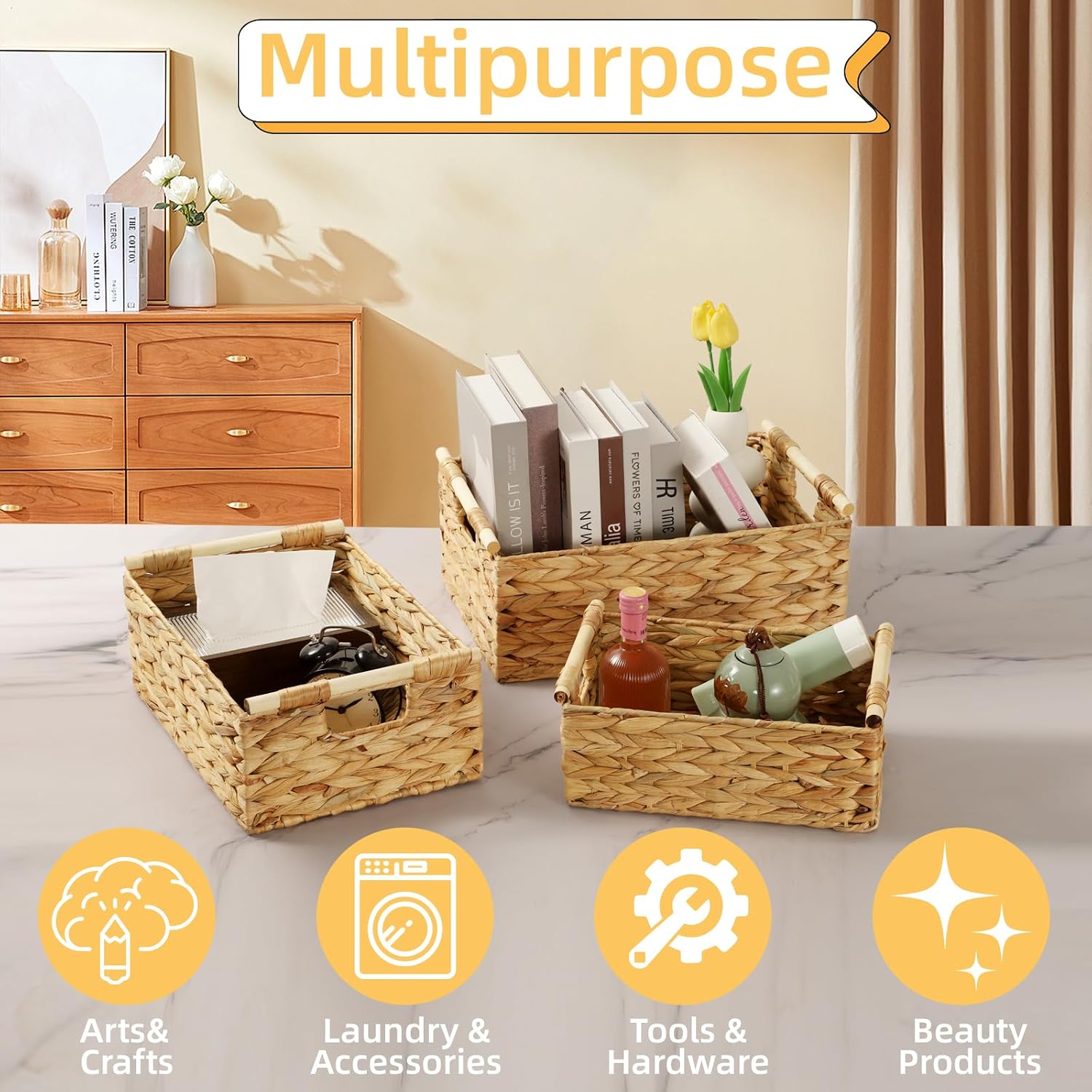 3‑Pack Water Hyacinth Wicker Baskets With Wooden Handles