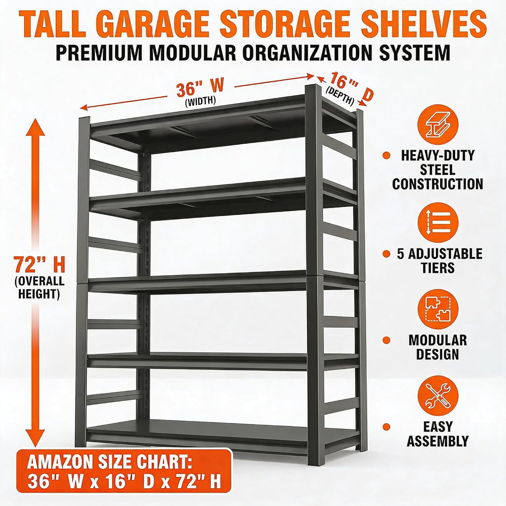 Black 72" Boltless Heavy‑Duty Metal Garage Shelving Unit