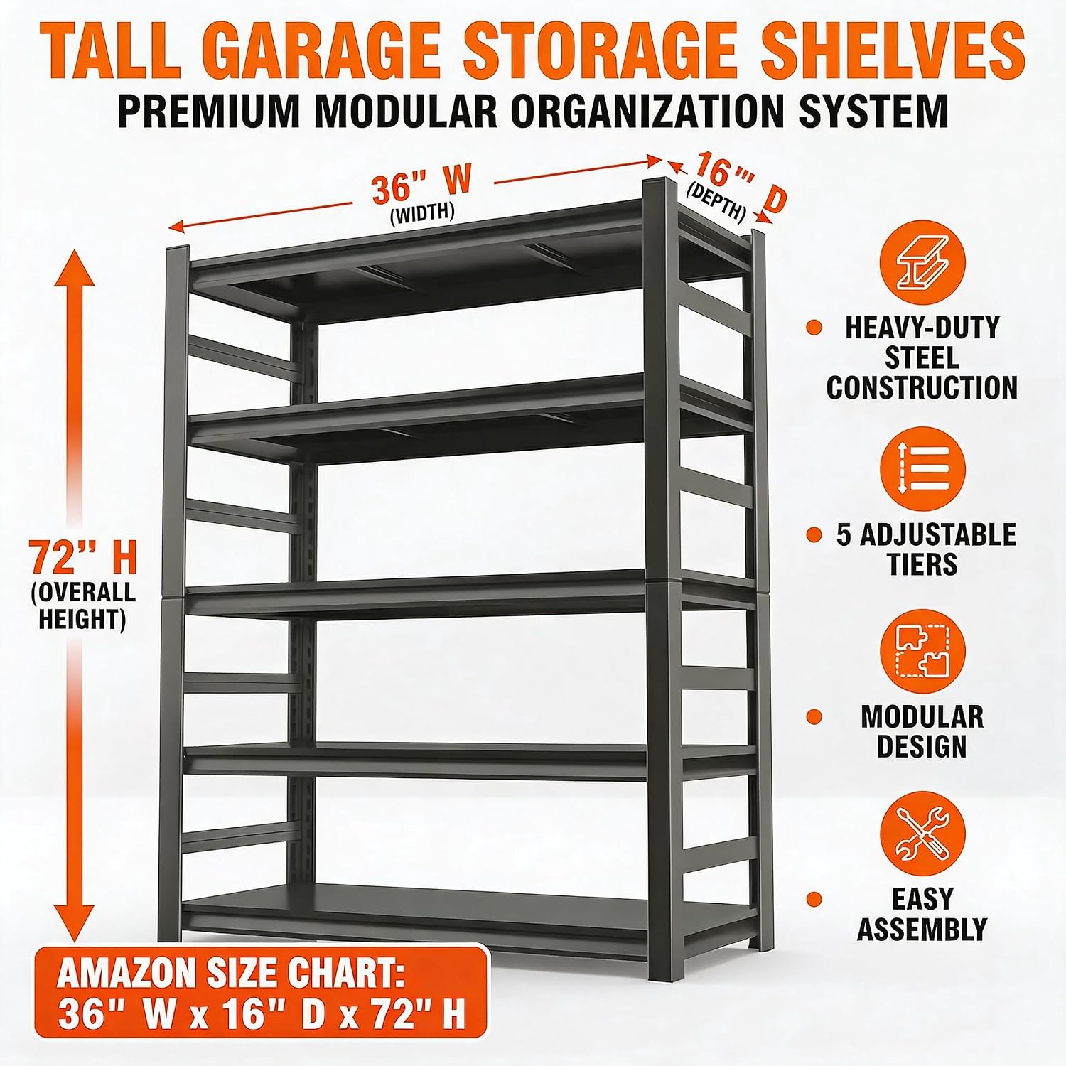 Black 72" Boltless Heavy‑Duty Metal Garage Shelving Unit
