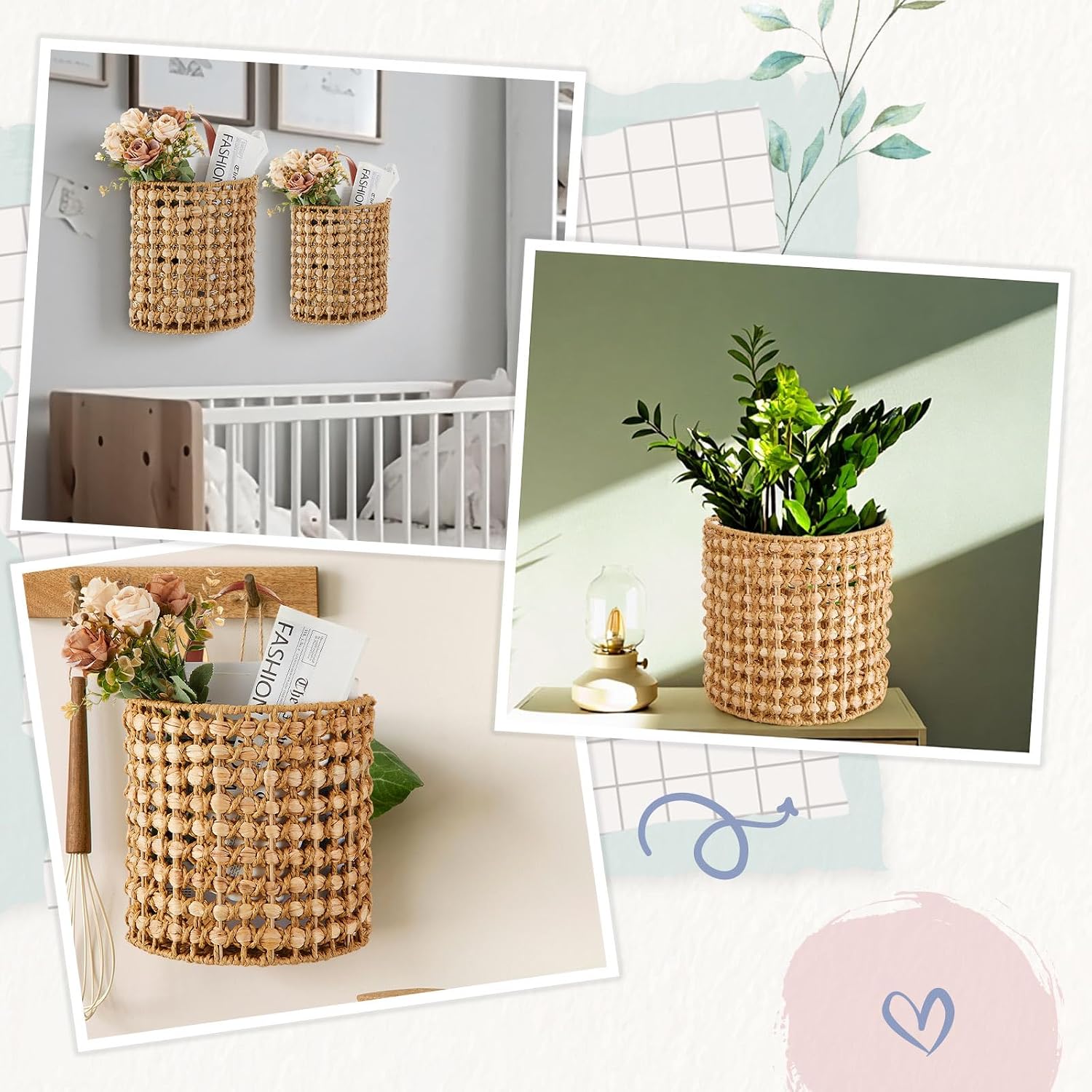 2‑Pack Water Hyacinth Hanging Wicker Baskets