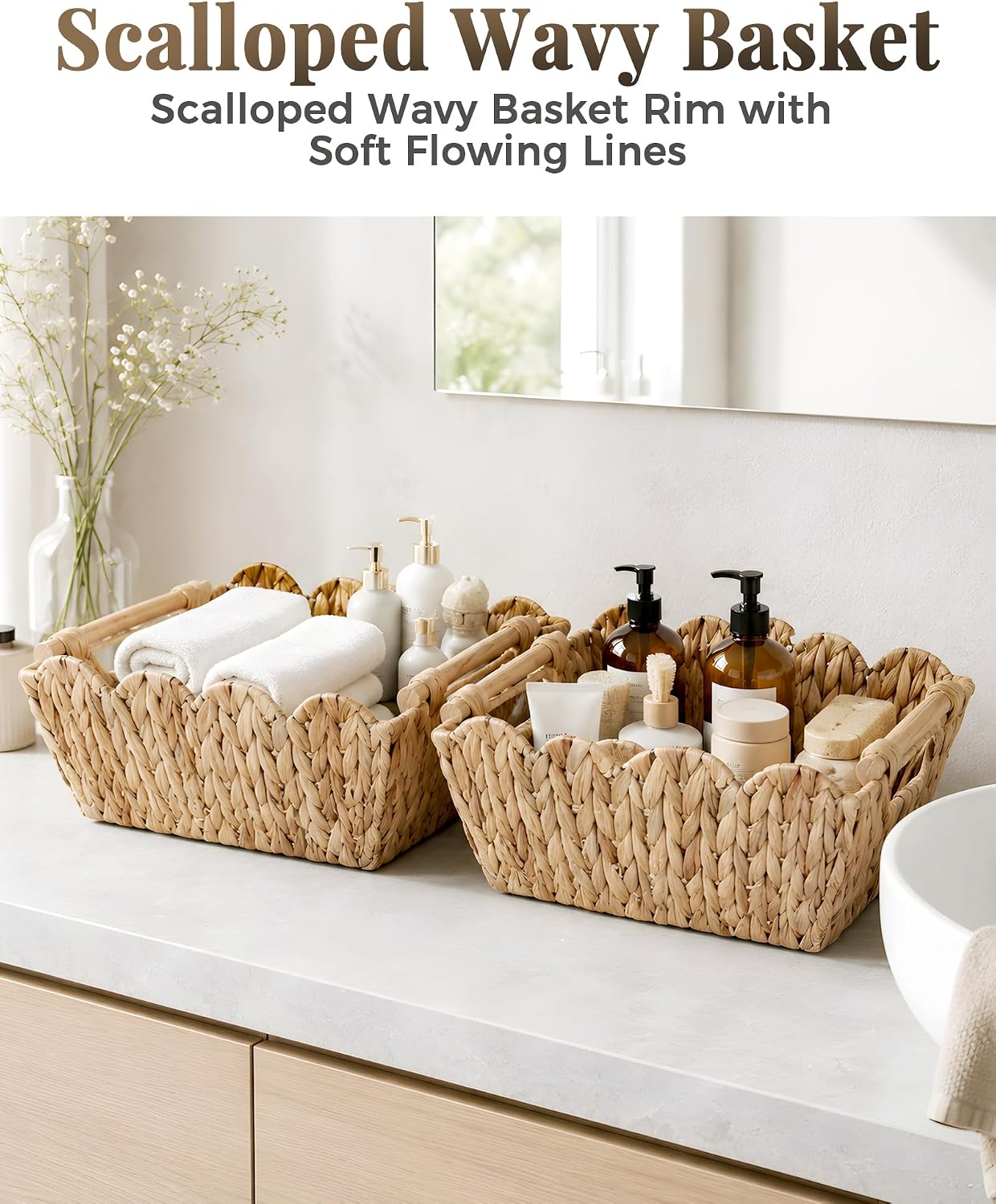 2‑Pack Scalloped Water Hyacinth Baskets With Wooden Handles
