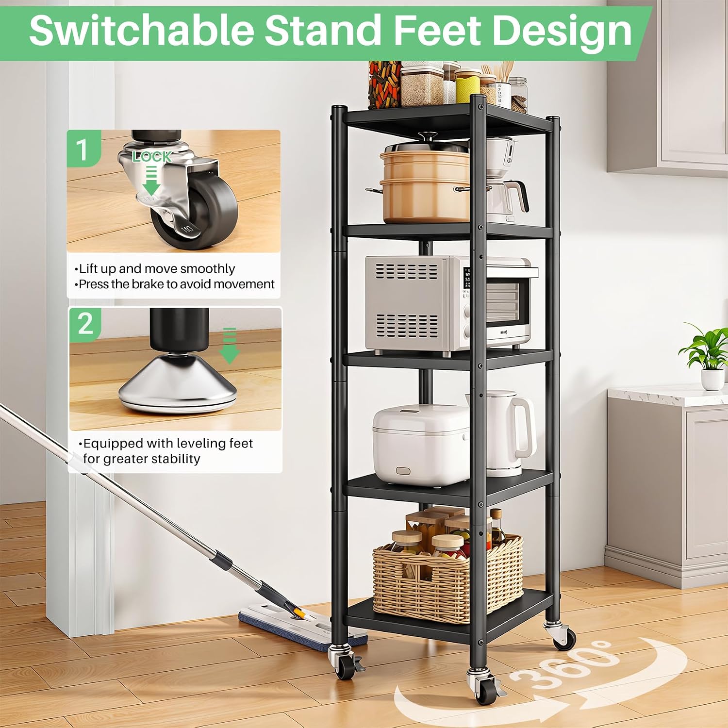 5‑Tier Rolling Metal Storage Shelving Unit