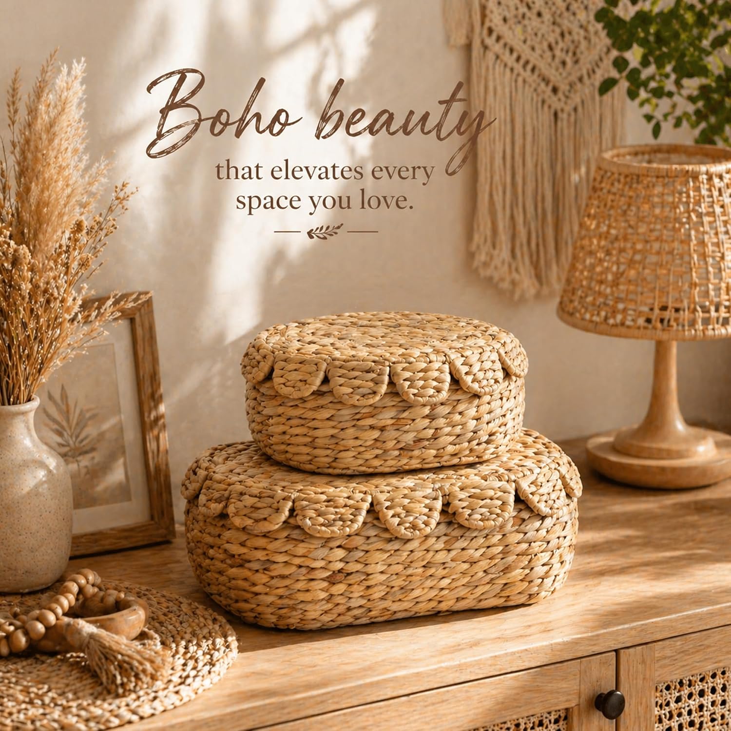 2‑Pack Lidded Scalloped Wicker Baskets