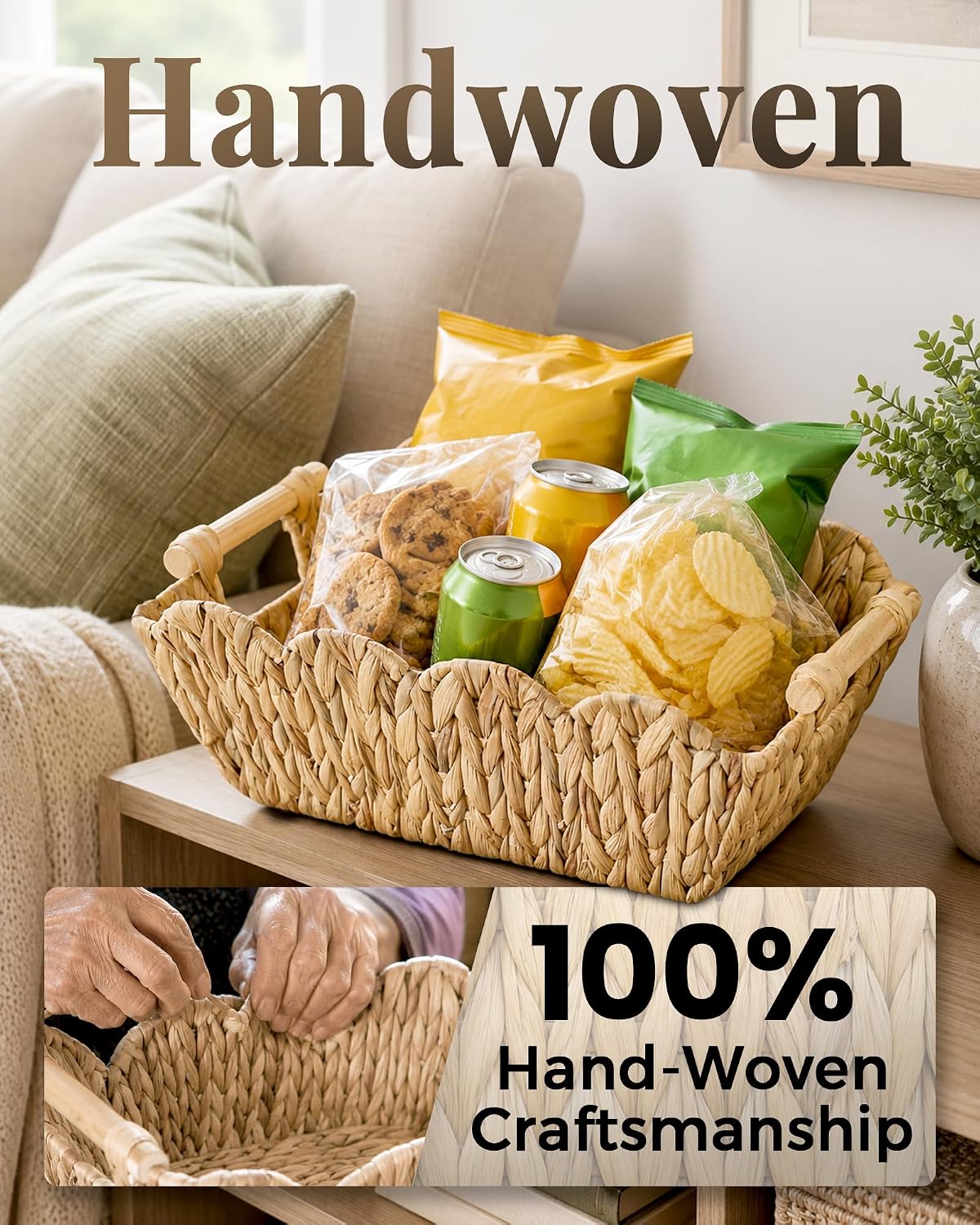 2‑Pack Scalloped Water Hyacinth Baskets With Wooden Handles