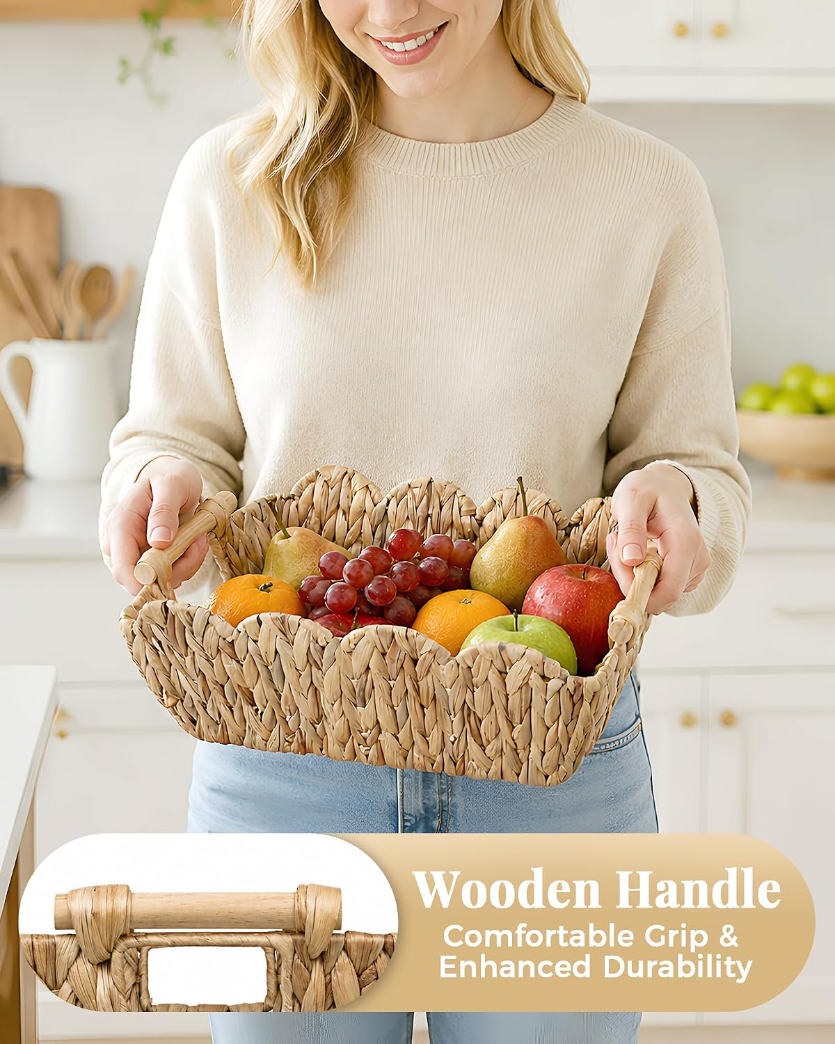 2‑Pack Scalloped Water Hyacinth Baskets With Wooden Handles