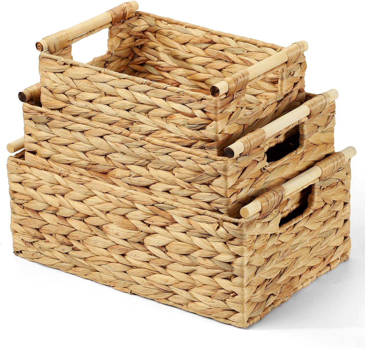 3‑Pack Water Hyacinth Wicker Baskets With Wooden Handles