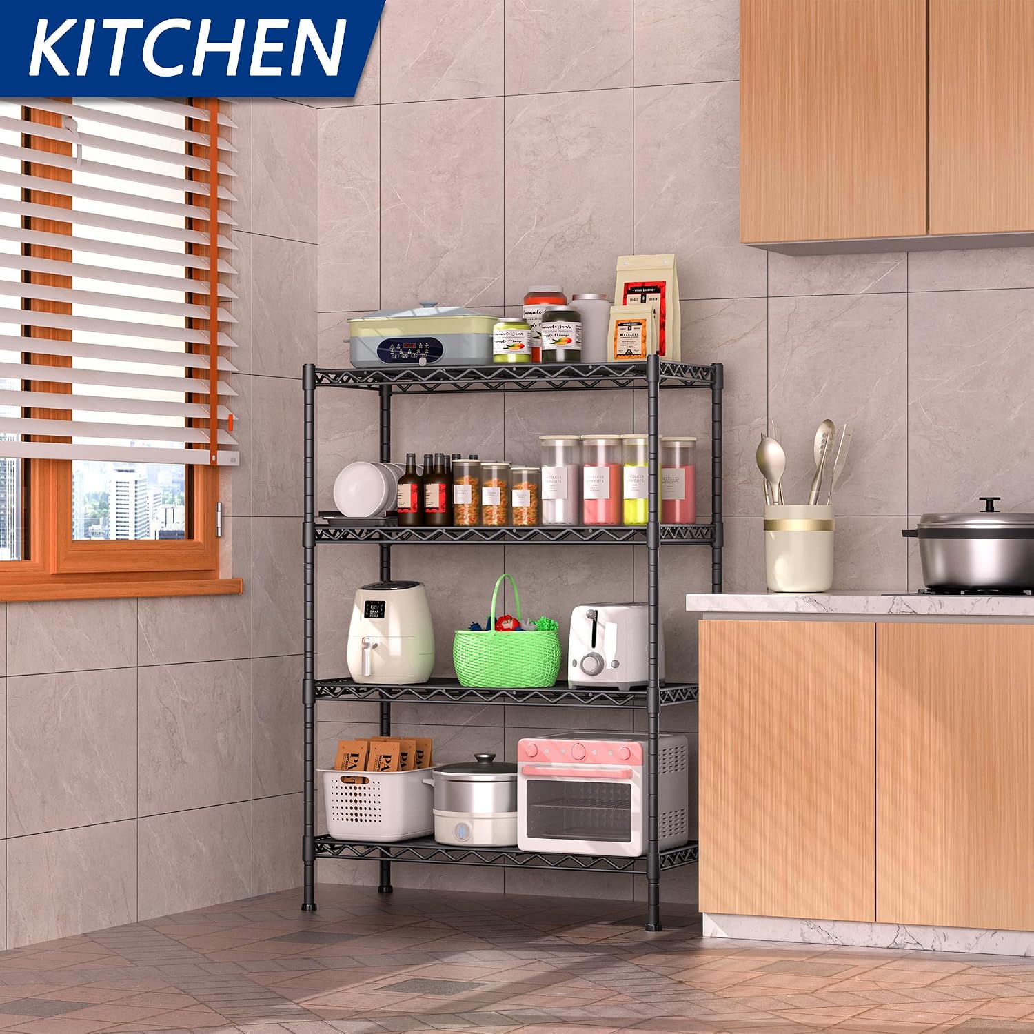 Black 4‑Tier Adjustable Metal Wire Storage Rack