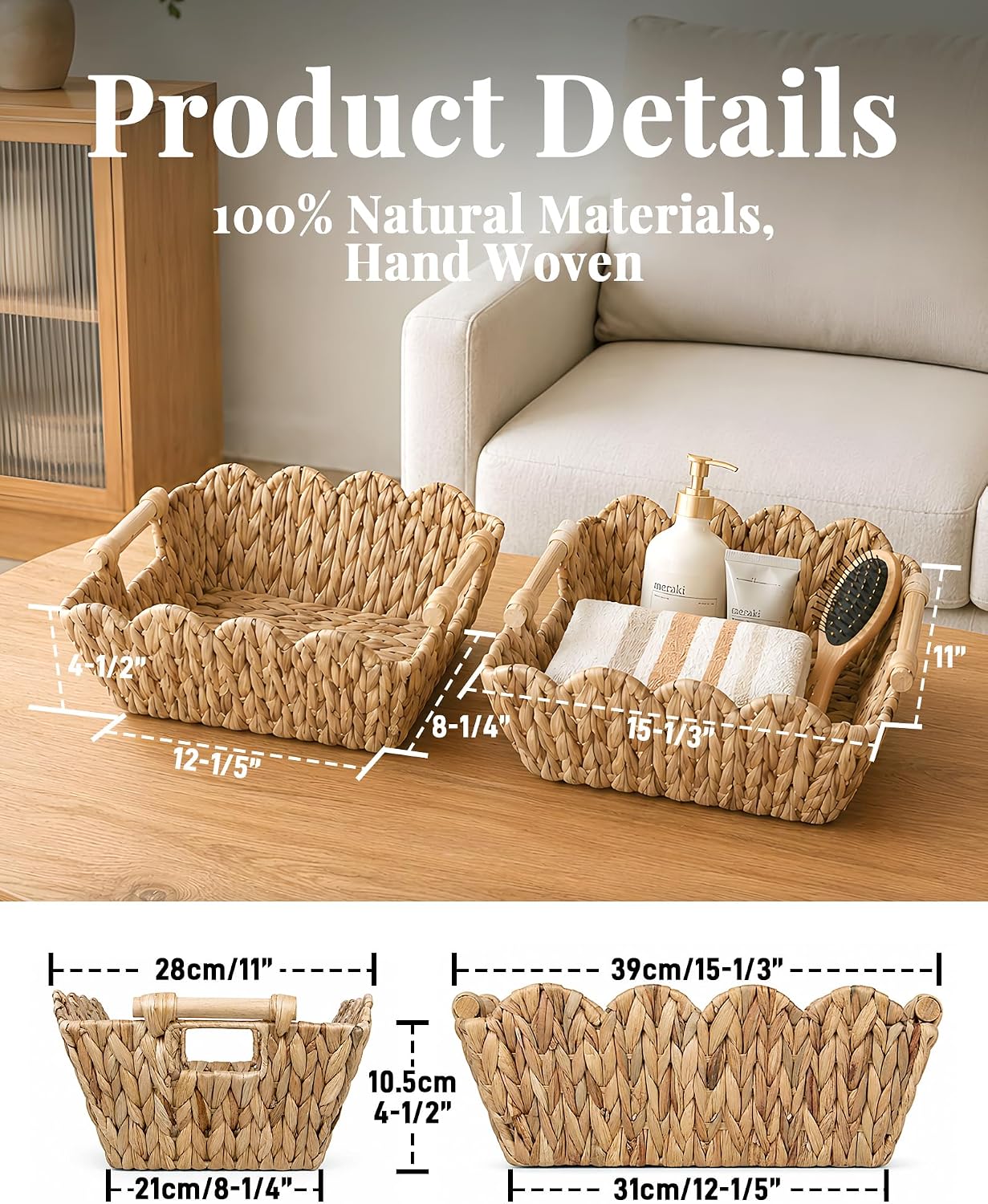 2‑Pack Scalloped Water Hyacinth Baskets With Wooden Handles
