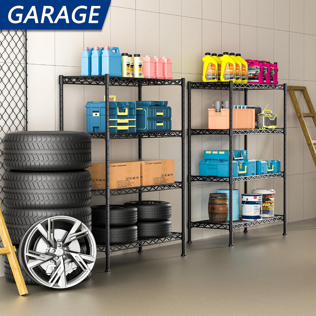 Black 4‑Tier Adjustable Metal Wire Storage Rack