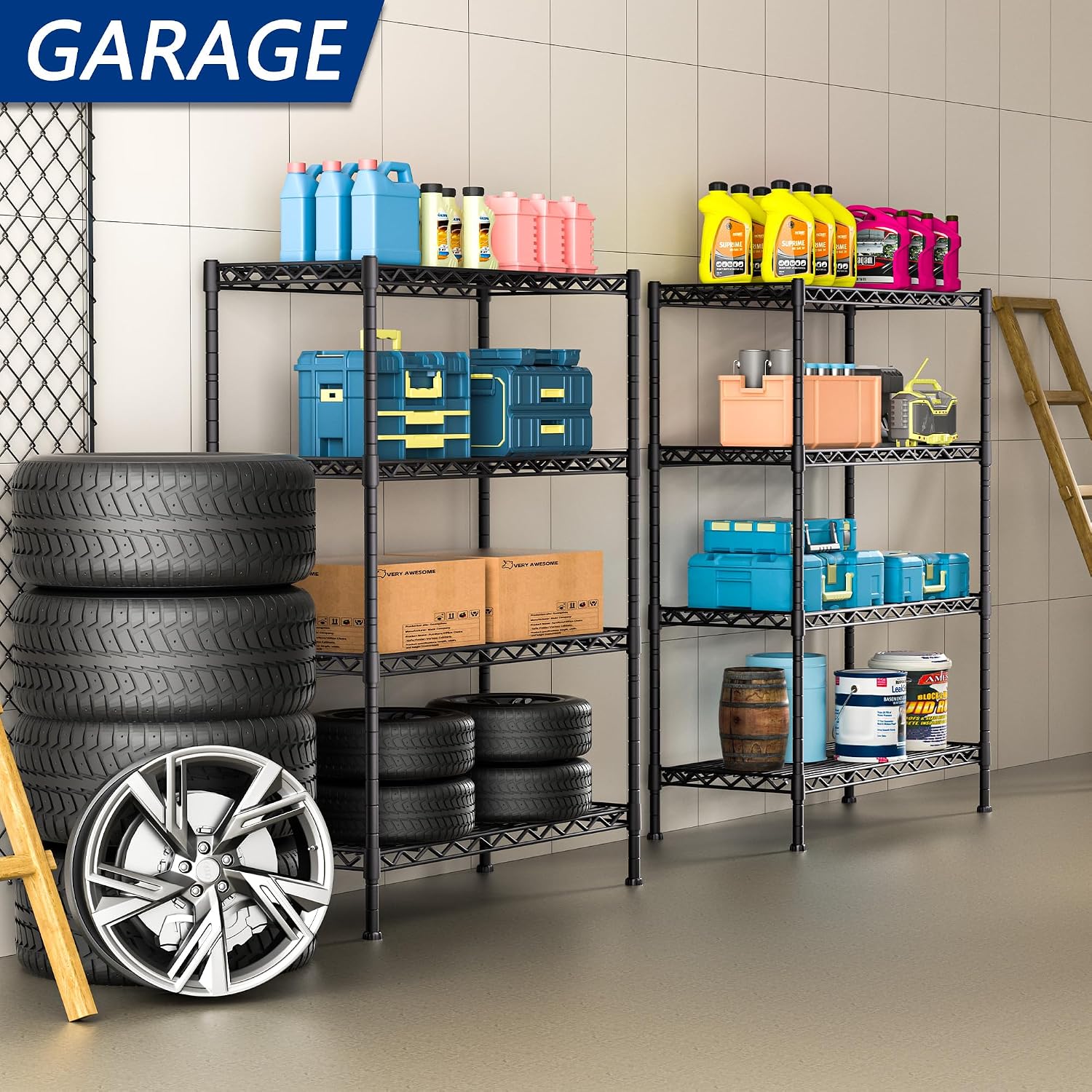Black 4‑Tier Adjustable Metal Wire Storage Rack