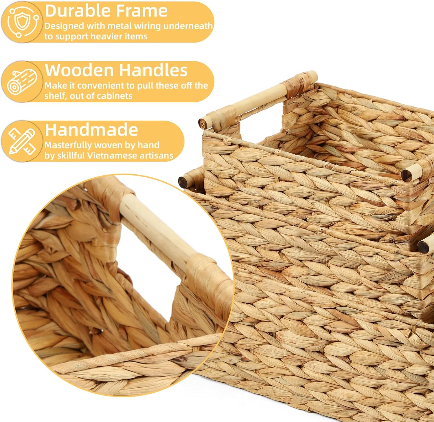3‑Pack Water Hyacinth Wicker Baskets With Wooden Handles