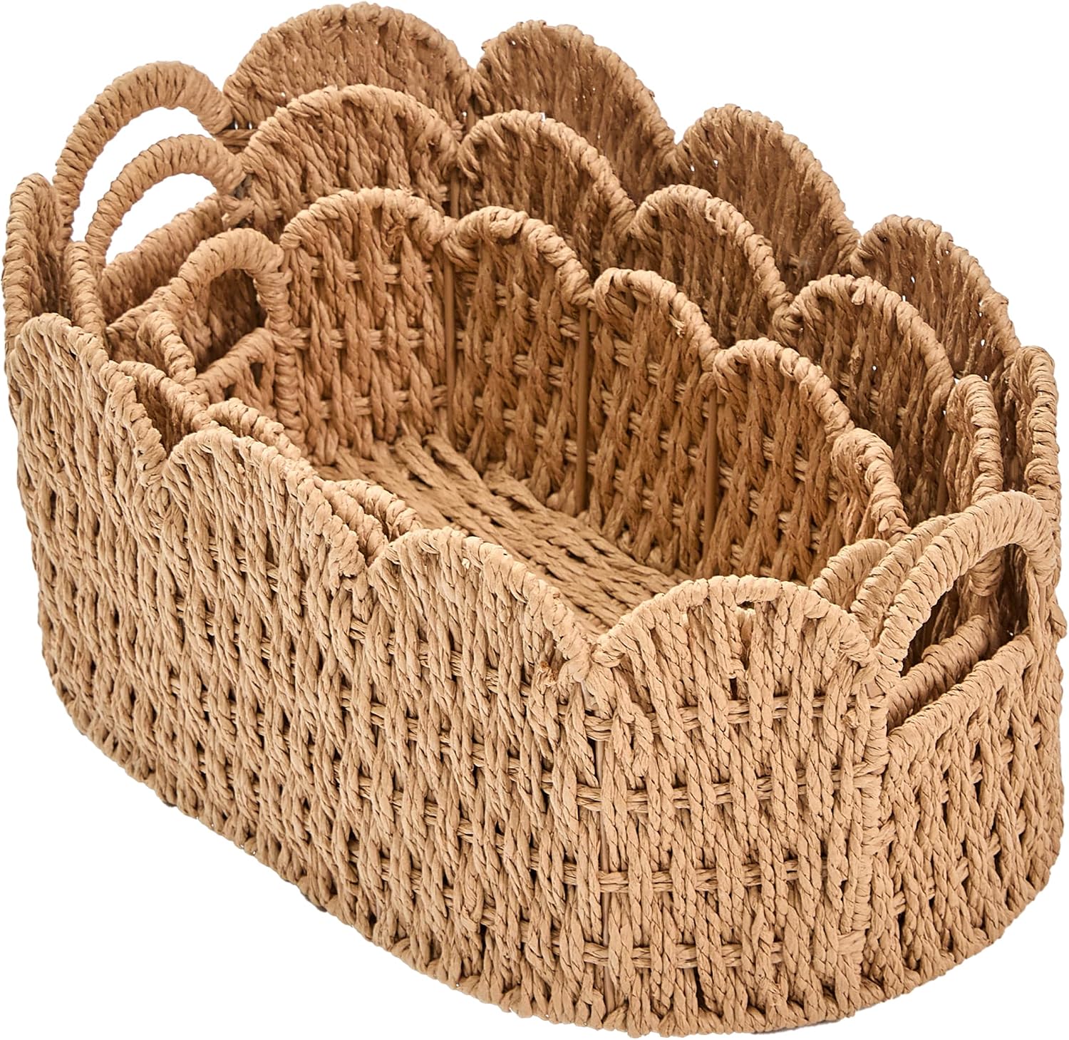 3‑Pack Neutral Paper Rope Scalloped Storage Baskets