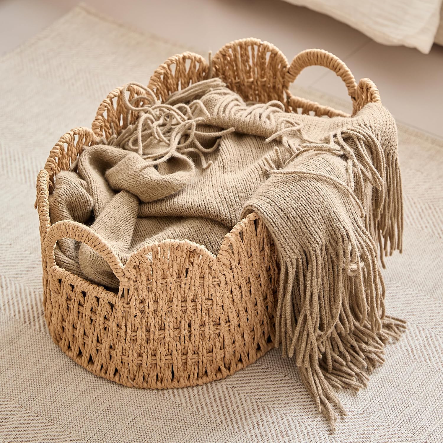 3‑Pack Neutral Paper Rope Scalloped Storage Baskets