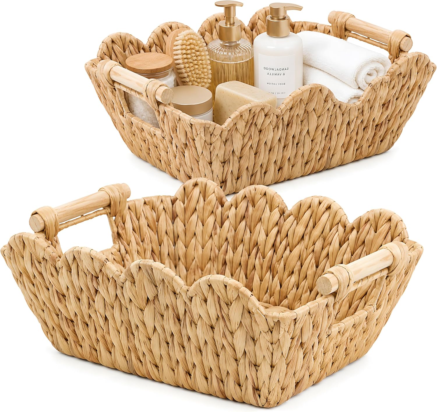 2‑Pack Scalloped Water Hyacinth Baskets With Wooden Handles