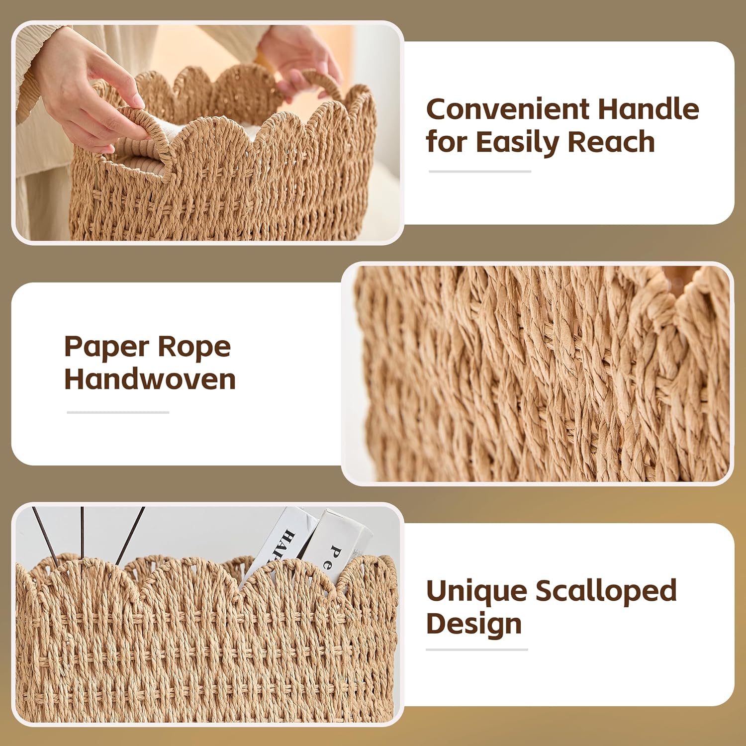 3‑Pack Neutral Paper Rope Scalloped Storage Baskets