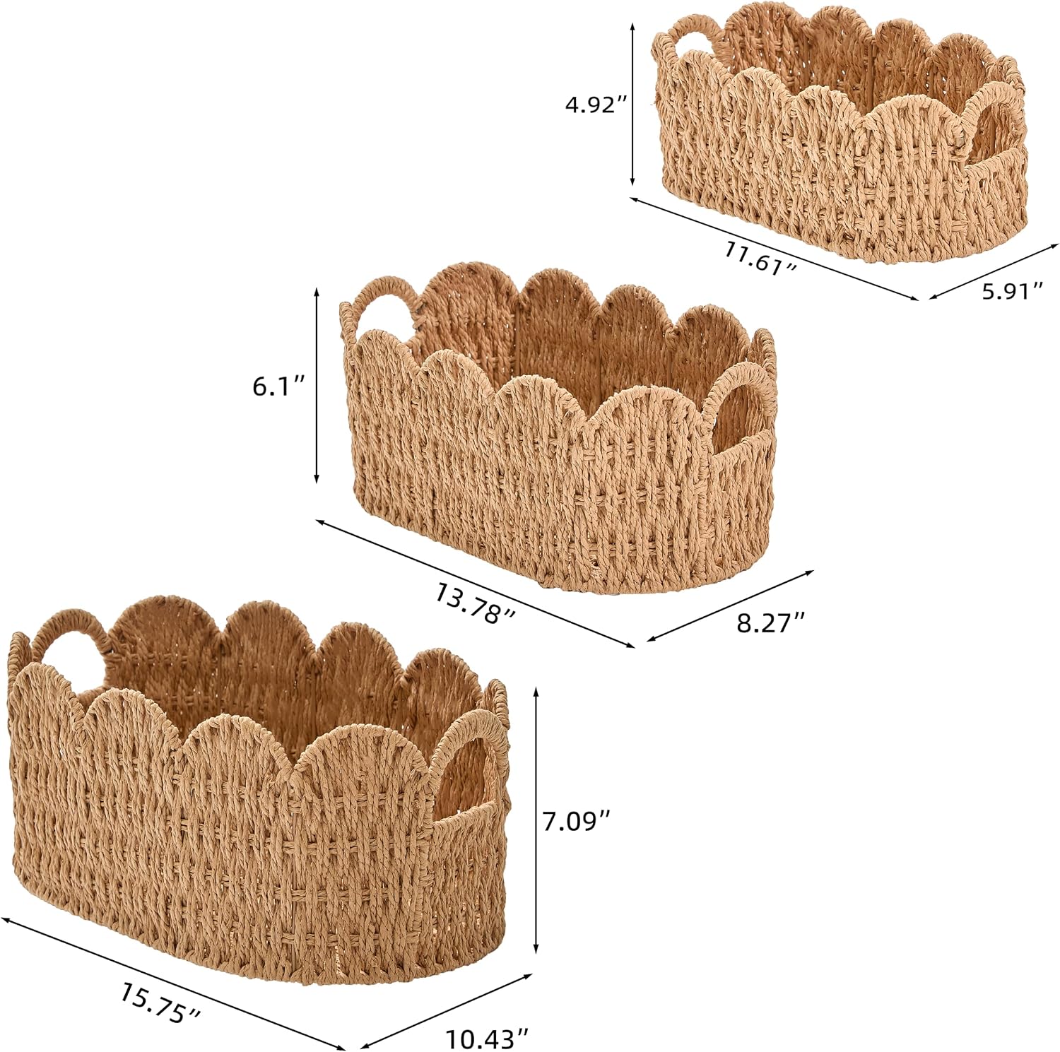 3‑Pack Neutral Paper Rope Scalloped Storage Baskets